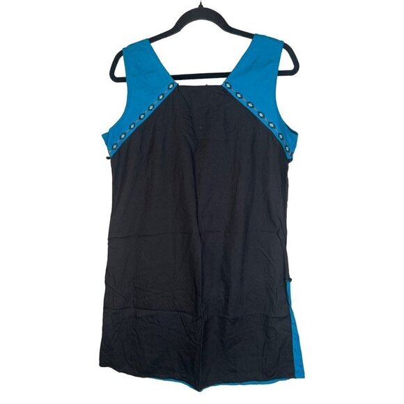 Coline Womens Size M Ethnic Shift Dress Blue Black Two Tone & Tassel Braid Trim - Picture 2 of 8